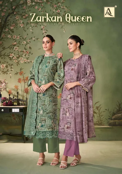 Alok Suit Zarkan Queen: Catalog cover featuring two models wearing green and mauve printed salwar suits with embroidery.