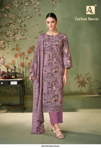 Alok Suit Zarkan Queen: Mauve salwar suit with geometric print, straight-cut kurti, matching pants, and embroidered dupatta.