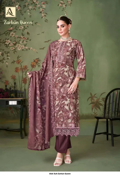 Alok Suit Zarkan Queen: Dark mauve salwar suit featuring a block print, straight-cut kurti, and detailed thread work embellishment.