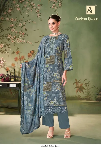 Alok Suit Zarkan Queen: Blue-grey printed salwar suit with straight-cut kurti, coordinating pants, and an embroidered dupatta.