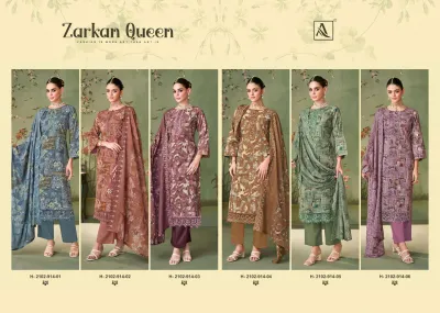 Alok Suit Zarkan Queen: Catalog collage showcasing six distinct colorways of the Zarkan Queen printed salwar suit collection.