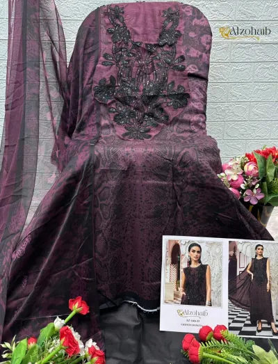 Alzohaib 1456-57-64 Series purple salwar suit featuring black animal print, heavy black thread embroidery on the neckline, and a matching chiffon dupatta.