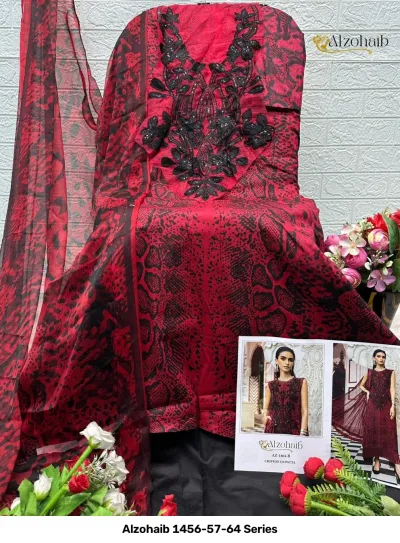 Alzohaib 1456-57-64 Series red salwar suit featuring black animal print, heavy black thread embroidery on the neckline, and a matching chiffon dupatta.