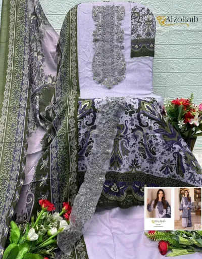 Alzohaib 1458 - 1461 Series: Light purple cotton salwar suit with intricate thread work on the neckline, floral paisley prints, and a matching dupatta.