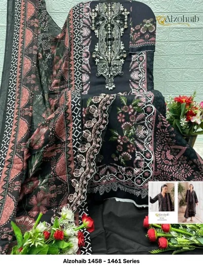 Alzohaib 1458 - 1461 Series: Black cotton salwar suit with intricate embroidery on the neckline, floral paisley patterns, and a matching dupatta.
