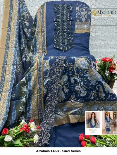 Alzohaib 1458 - 1461 Series: Dark blue cotton salwar suit with thread work embroidery on the bodice, paisley patterns, and a matching dupatta.