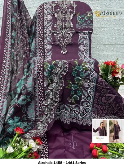 Alzohaib 1458 - 1461 Series: Dark purple cotton salwar suit with detailed embroidery, floral and paisley prints, and a matching patterned dupatta.