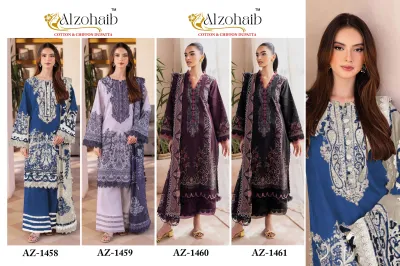 Alzohaib 1458 - 1461 Series: Catalog collage displaying four distinct cotton salwar suit designs featuring embroidery, prints, and dupatta styles.