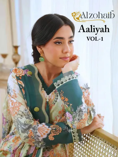 Alzohaib Aaliyah Vol-1: Model wearing a floral printed green and white kurti with embroidery detail.