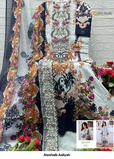 Alzohaib Aaliyah: Salwar suit material set in white and blue, featuring floral prints and heavy thread work embroidery.
