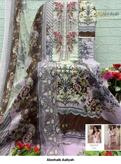 Alzohaib Aaliyah: Salwar suit material set in lavender, featuring floral prints and intricate thread work on the neckline.