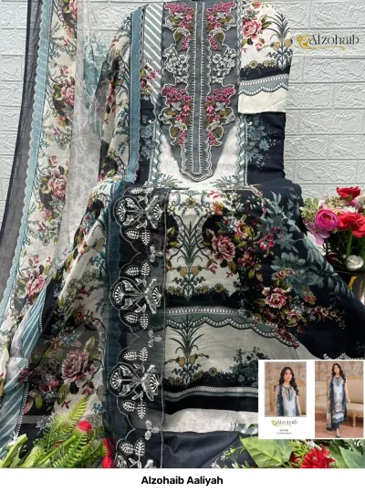 Alzohaib Aaliyah: Salwar suit material set in white and black, featuring floral prints and detailed thread work embroidery.