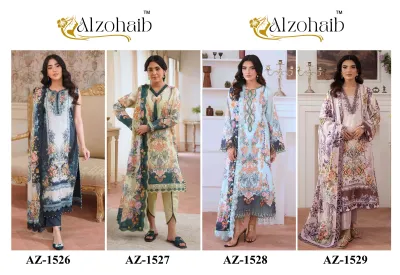 Alzohaib Aaliyah: Catalog collage displaying four distinct floral printed salwar suits with embroidery and dupatta.