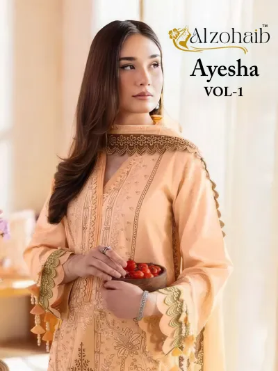 Alzohaib Ayesha Vol 1, peach-colored dress material with intricate thread work on the neckline and sleeves, featuring a matching dupatta.