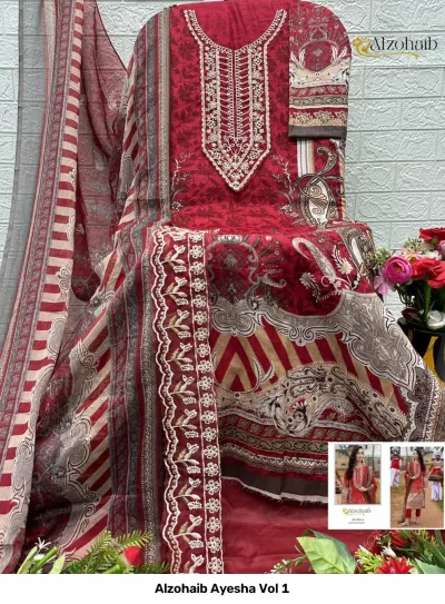Alzohaib Ayesha Vol 1, red printed Pakistani suit featuring intricate thread work on the neckline and a matching dupatta.