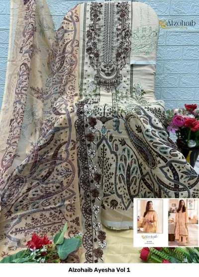 Alzohaib Ayesha Vol 1, beige dress material with detailed thread work, paisley patterns, and a matching printed dupatta.