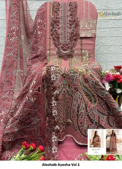Alzohaib Ayesha Vol 1, dusty pink printed Pakistani suit with heavy thread work on the neckline and a coordinated dupatta.