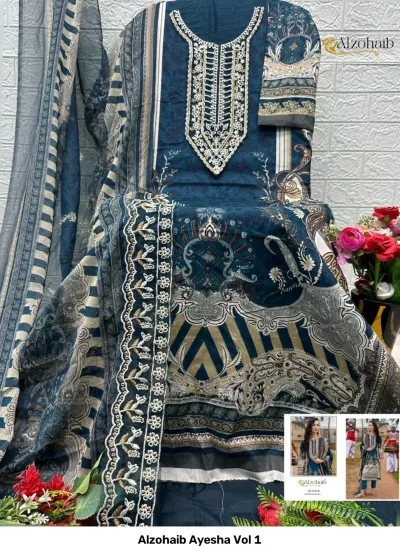 Alzohaib Ayesha Vol 1, dark blue printed Pakistani suit with detailed embroidery on the neckline and a matching dupatta.