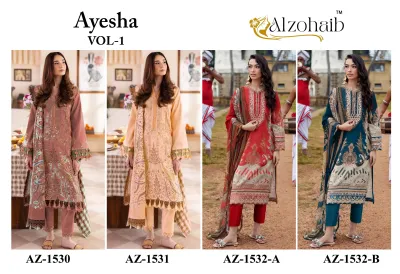 Alzohaib Ayesha Vol 1, catalog collage showing four different models wearing varied peach, red, and blue printed Pakistani suits.