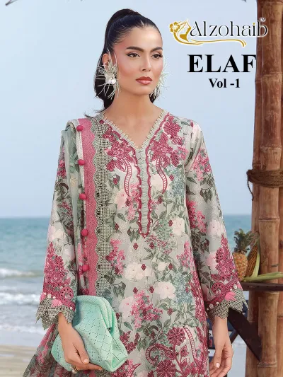Alzohaib Elaf Vol 1, model wearing grey and pink floral printed salwar suit with intricate thread work and decorative trim.