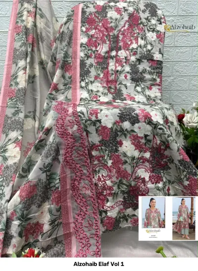 Alzohaib Elaf Vol 1, grey and pink floral printed dress material featuring extensive embroidery work and a coordinating dupatta.