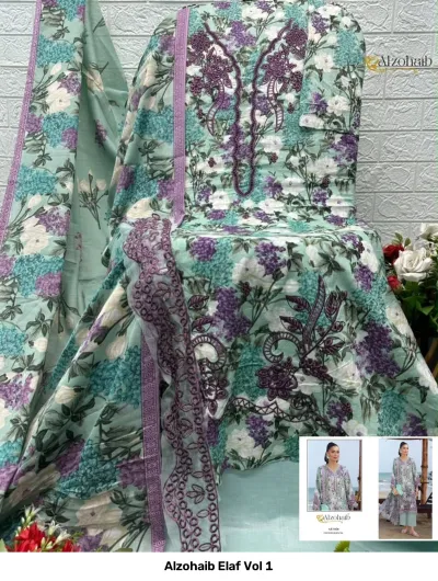 Alzohaib Elaf Vol 1, light green and purple floral printed dress material with detailed thread work and a matching dupatta.