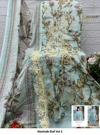 Alzohaib Elaf Vol 1, light blue floral printed dress material featuring intricate white thread work and an embroidered dupatta border.