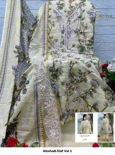 Alzohaib Elaf Vol 1, light yellow floral printed dress material with detailed white thread work and a matching embroidered dupatta.