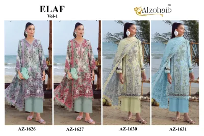 Alzohaib Elaf Vol 1, catalog collage showing four distinct floral printed salwar suits with thread work and coordinated dupattas.