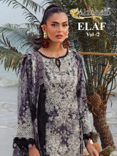 Alzohaib Elaf Vol 2, dark purple and white floral printed salwar suit with intricate white thread work embroidery.