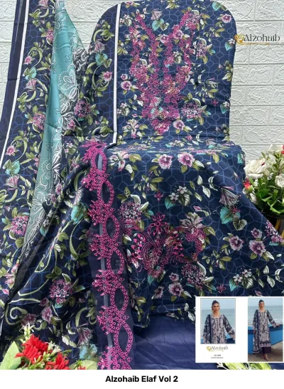 Alzohaib Elaf Vol 2, navy blue floral printed salwar suit with pink thread work embroidery and dupatta.