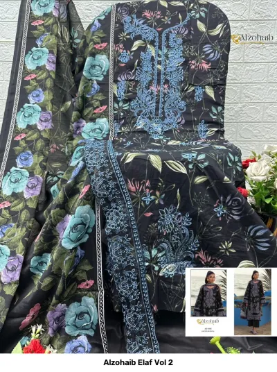 Alzohaib Elaf Vol 2, black floral printed salwar suit featuring blue floral thread work embroidery and dupatta.
