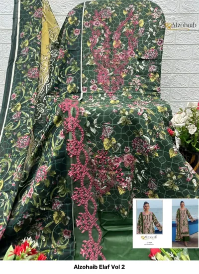 Alzohaib Elaf Vol 2, dark green floral printed salwar suit with pink thread work embroidery and matching dupatta.
