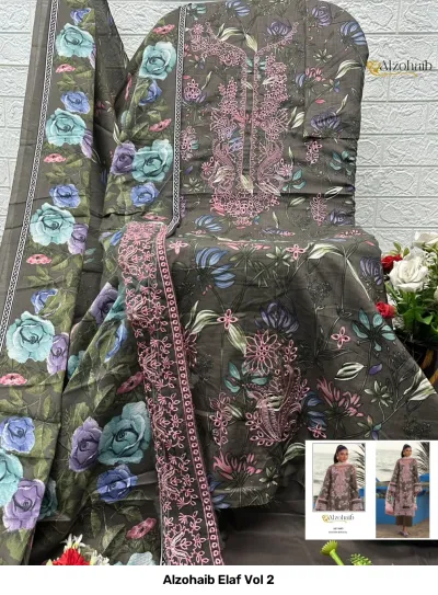 Alzohaib Elaf Vol 2, charcoal grey floral printed salwar suit with pink thread work embroidery and dupatta.