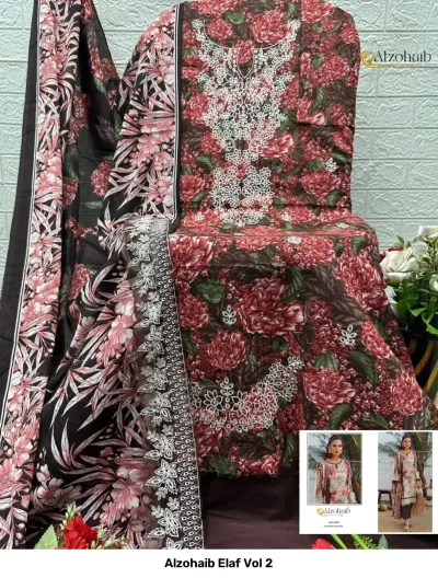 Alzohaib Elaf Vol 2, dark red floral printed salwar suit with white thread work embroidery and matching dupatta.