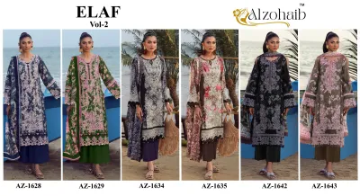Alzohaib Elaf Vol 2, catalog collage showing six different floral printed salwar suit designs with thread work and dupattas.