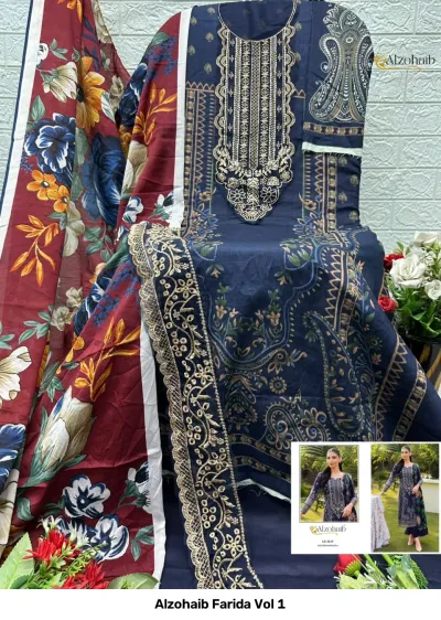 Alzohaib Farida Vol 1: Dark blue Pakistani salwar suit featuring a floral print, pink thread embroidery on the neckline, and a printed dupatta.