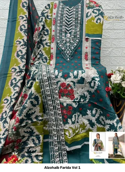 Alzohaib Farida Vol 1: Black Pakistani salwar suit with teal and purple rose floral print, light blue thread embroidery, and matching printed dupatta.