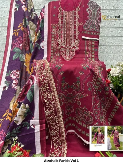 Alzohaib Farida Vol 1: Dark navy Pakistani salwar suit with white floral print, white thread embroidery on the neckline, and a coordinating printed dupatta.