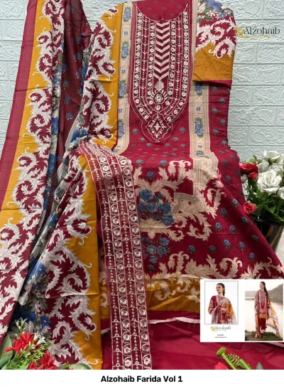 Alzohaib Farida Vol 1: Dark grey Pakistani salwar suit with multi-colored floral print, pink thread embroidery, and a matching floral printed dupatta.