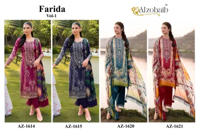 Alzohaib Farida Vol 1: Forest green Pakistani salwar suit featuring a geometric floral print, pink thread embroidery, and a matching printed dupatta.