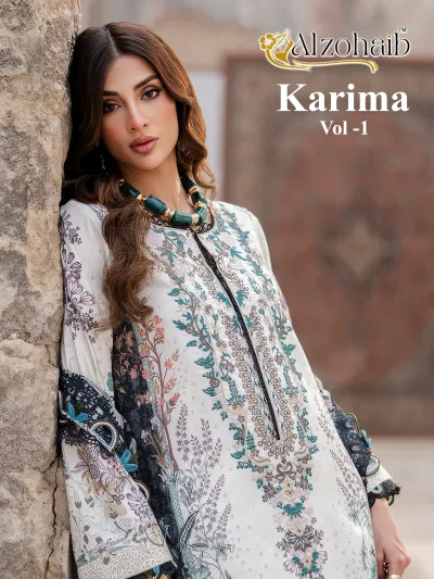 Alzohaib Karima Vol 1: Model wearing a cream-colored, long-sleeved kurti with floral print, black detailing, and thread embroidery, leaning against a stone wall.
