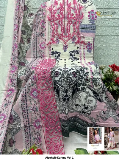 Alzohaib Karima Vol 1: A display of a white salwar suit dress material featuring pink floral prints, heavy pink thread work on the neckline and dupatta.