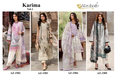 Alzohaib Karima Vol 1: A catalog collage showcasing four models in various cream-colored, floral-printed, embroidered salwar suits.