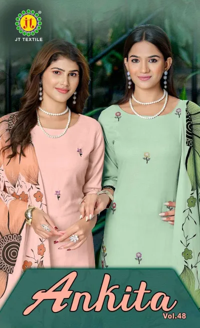 Ankita Vol 48 catalog cover featuring models in peach and mint green salwar suits with floral printed dupattas and thread work embroidery.