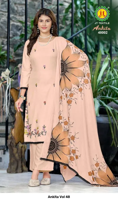 Ankita Vol 48 peach salwar suit with floral thread work, matching peach pants, and a large floral printed dupatta with lace trim.