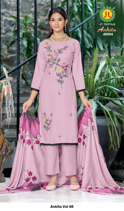 Ankita Vol 48 lavender salwar suit with floral thread work, matching lavender pants, and a large floral printed dupatta with lace trim.