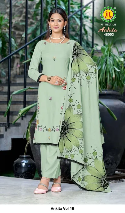 Ankita Vol 48 mint green salwar suit with floral thread work, matching mint green pants, and a large floral printed dupatta with lace trim.