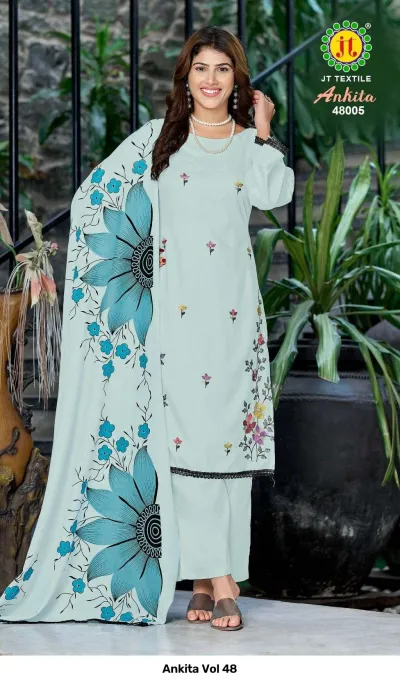 Ankita Vol 48 light blue salwar suit with floral thread work, matching light blue pants, and a large floral printed dupatta with lace trim.