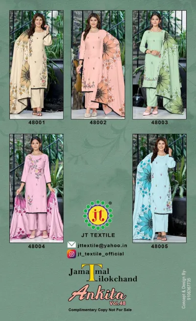 Ankita Vol 48 catalog collage showing five different colored salwar suit designs, each with matching pants, floral thread work, and large floral printed dupattas.
